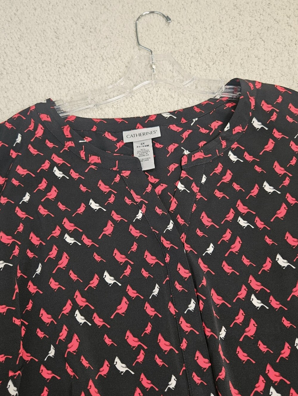Catherines Long Sleeve Blouse Partial Button Cardinals Black Red Womens 2x Work